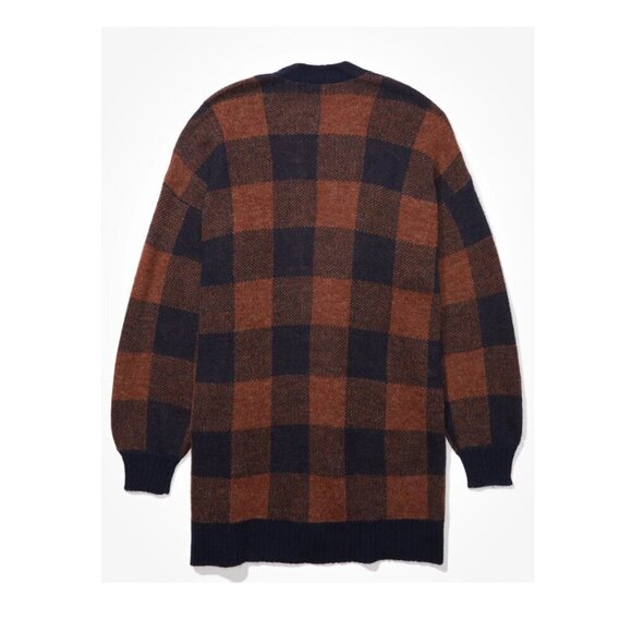 AE American Eagle Oversized Wool Plaid Cardigan Navy Brown Navy Brown – XS - Picture 2 of 13